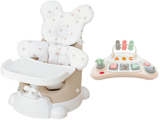 jellymom 幼兒用 Muna 增高餐椅 + 推車 + 餐盤 + Buddy 2件組 + 玩具組, 1套, 琥珀米色 + 可米熊 + 米色