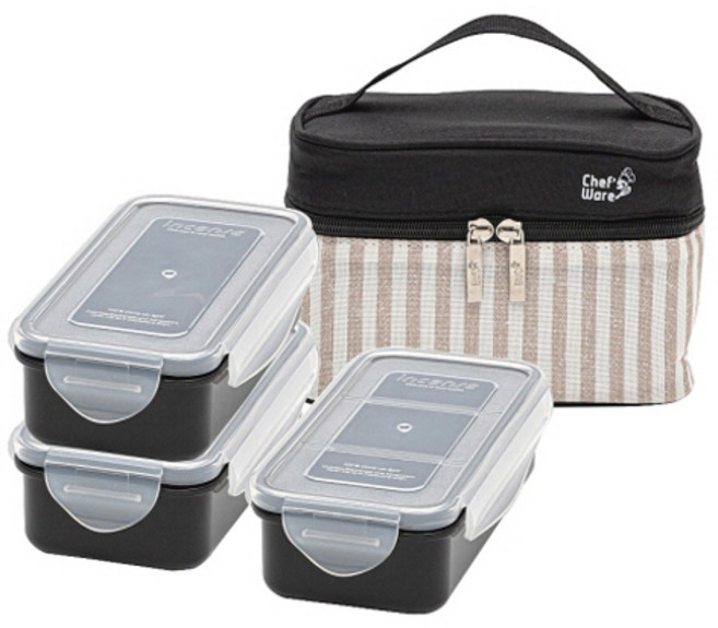 얌 직장인도시락 3단 밥통 2개 + 반찬통 + 가방 세트, 블랙, 2세트