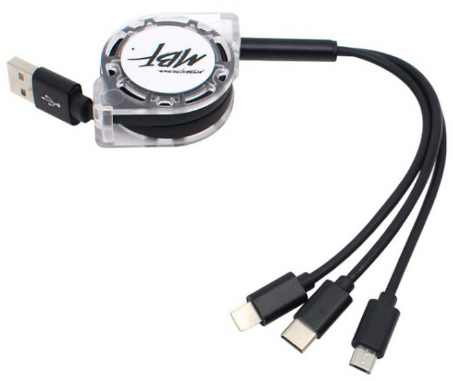 엠비에프 USB 3 in 1 자동감김 멀티 충전케이블 MBF-USB3IN1BK, 1개, 블랙, 1m