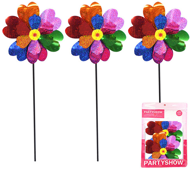 파티쇼 정원용바람개비 미니2단 홀로그램, 혼합색상, 3개