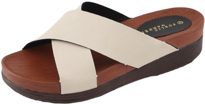 PUBLIC GARDEN 常客姐姐 女款經典柔軟氣墊增高拖鞋 5cm, 245, 米色