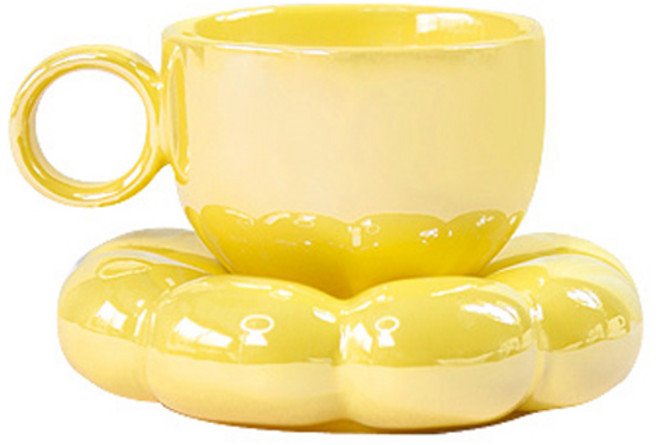 라임올리브 구름 도자기 머그컵 200ml + 받침 세트, 옐로우, 1세트