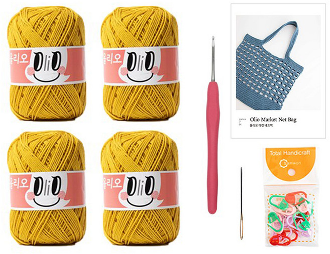yarna 올리오 마켓 네트백 뜨개실 4p + 도안 + 코바늘 + 돗바늘 + 단수링 20p DIY 세트, 751 빈티지골드(뜨개실), 1세트