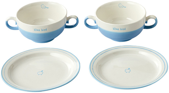 모던하우스 ON L 키노 레터링 뱁새 앞접시와 스프볼 세트, 1세트, 앞접시 2p + 스프볼 2p, 화이트 + 블루