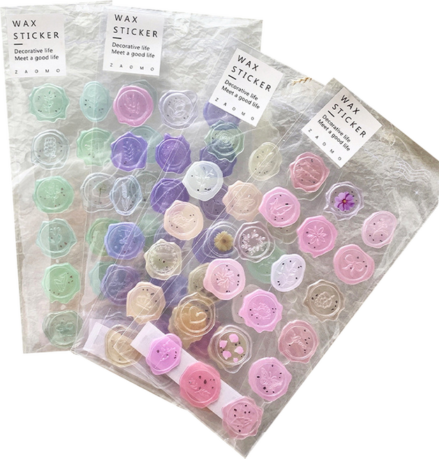 KHOHIMO 婚禮請柬裝飾封蠟貼紙組 72入 3W276, 4張, 綠色 + 紫色 + 黃色 + 粉紅色, 1套