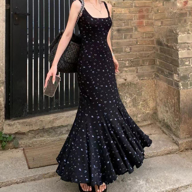 ViVEMO U領飄逸魚尾無袖長版連身裙 06960, 黑色