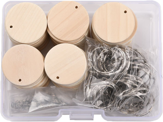 코히모 타공형 미술 공예 열쇠고리 만들기 나무 원판 50p + 키링 50p + 고리 50p DIY 키트 세트 4W064, 혼합색상, 1세트