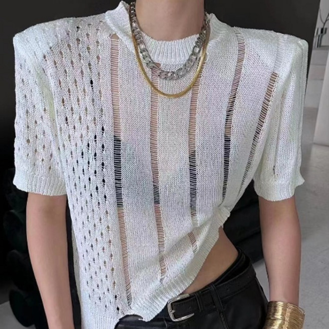 비비에모 여성용 라운드넥 빈티지 펀칭 언발 티셔츠 06935