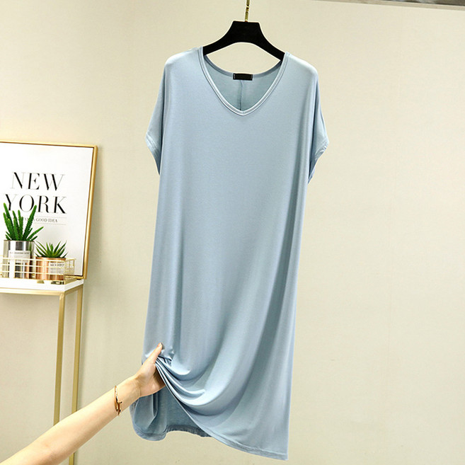 ATTERLIC V領寬鬆莫代爾透氣居家連身裙 13908 含大尺碼, 淺藍色