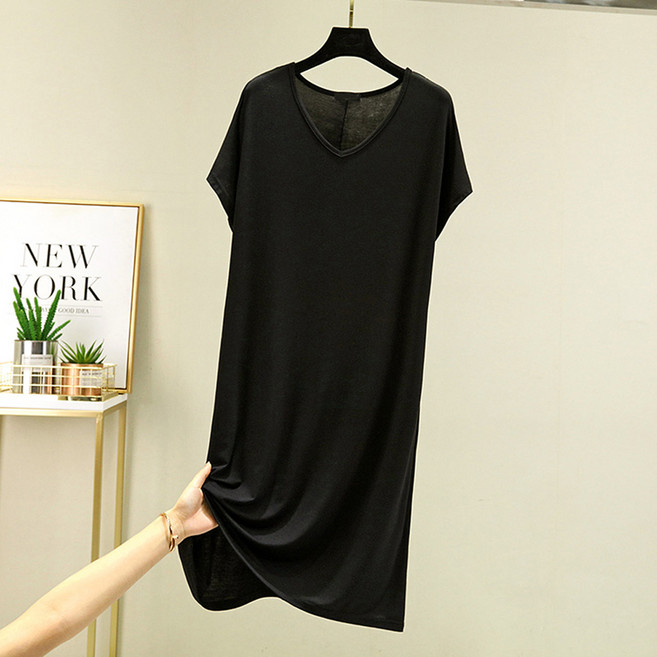 ATTERLIC V領寬鬆莫代爾透氣居家連身裙 13908 含大尺碼, 黑色