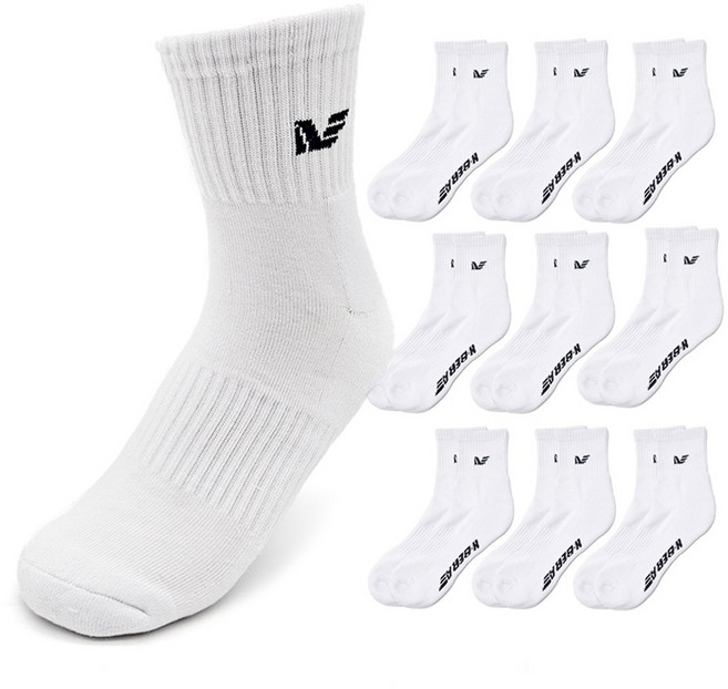 뉴베라 남성용 스포츠 파일 이중 쿠션 중목 양말 10켤레, 화이트, 1세트