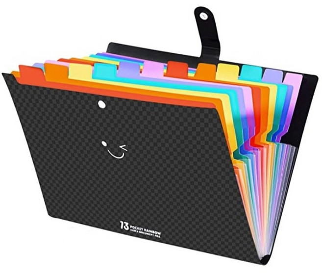 13포켓 레인보우 휴대용 아코디언 파일, 블랙, 1개
