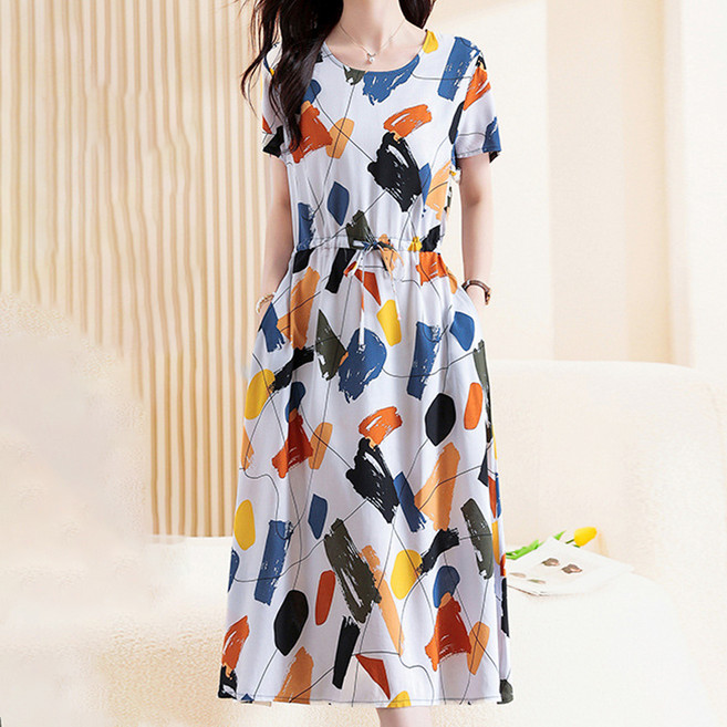 ATTERLIC 腰部抽繩 Ellie 洋裝 14225 含大尺碼, 白色佩斯利