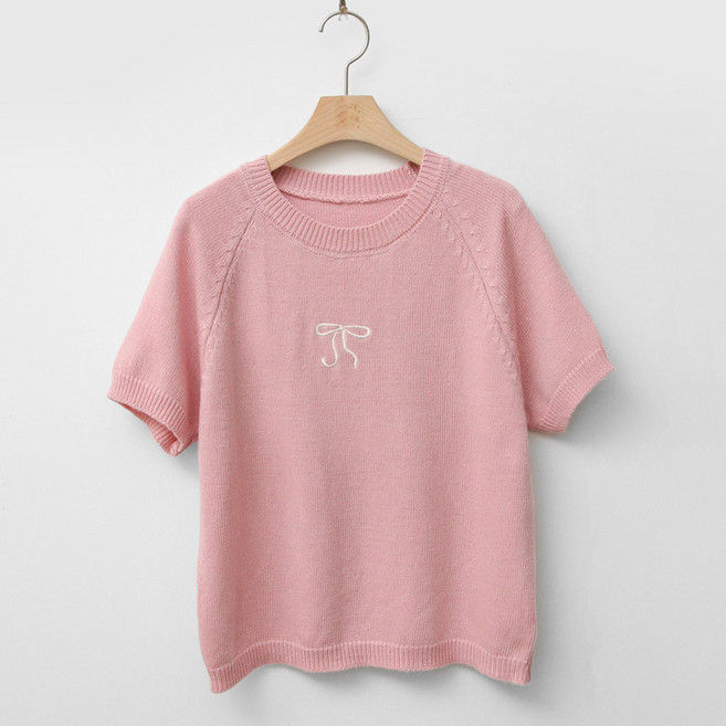 女款Loves Lura蝴蝶結刺繡圓領短袖針織衫