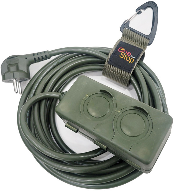 원스탑 밀리터리 캠핑 전기연장선 야외 멀티탭 2구 + 벨크로비너 랜덤발송 SEU-TK25, 카키, 1세트, 20m