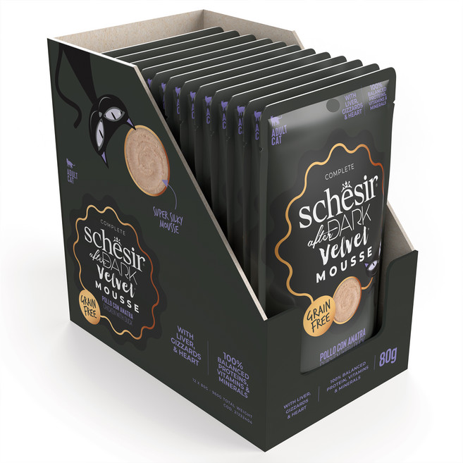 스케지어 성묘용 쉐지애 애프터다크 벨벳무스 닭&오리 고양이 주식 파우치, 닭, 80g, 12개