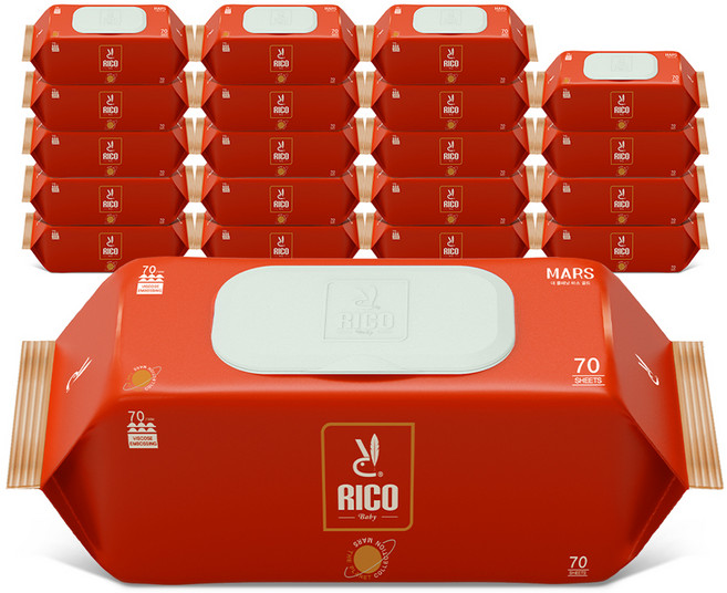 리꼬 더 플래닛 컬렉션 마스 골드 아기물티슈 캡형, 70g, 70매, 20개