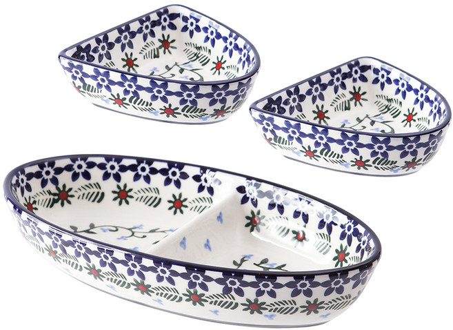 프라카 폴란드풍 도자기 타원 2절 나눔접시 + 접시볼 2p 세트, 스프링가든, 1세트