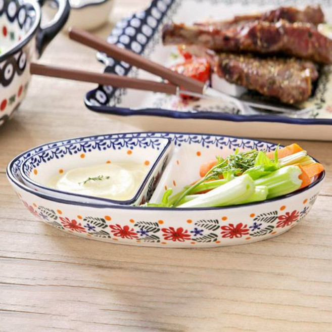 프라카 폴란드풍 도자기 타원 2절 나눔접시 + 접시볼 2p 세트, 아델리아, 1세트