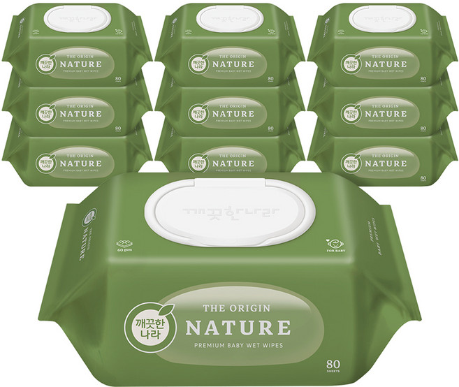 깨끗한나라 유아용 베이비 케어 디오리진 네이처 물티슈 캡형, 60g, 80매, 10개