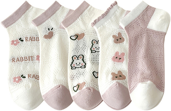 삭스판다 여성용 키치 핑크 토끼 펀칭 단목 양말 5켤레 세트