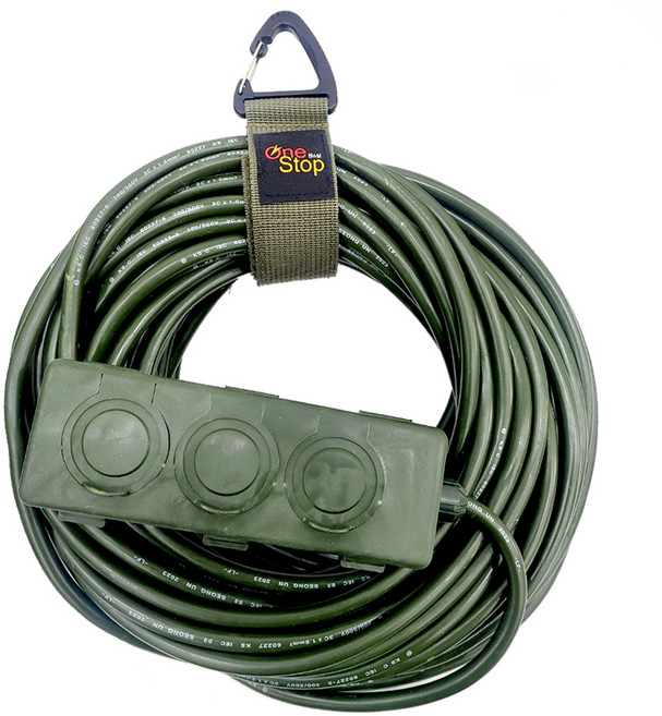 원스탑 이동형 멀티 콘센트 멀티탭 3구 HJM-YJS163 + 벨크로 비너, 15m, 카키, 1세트