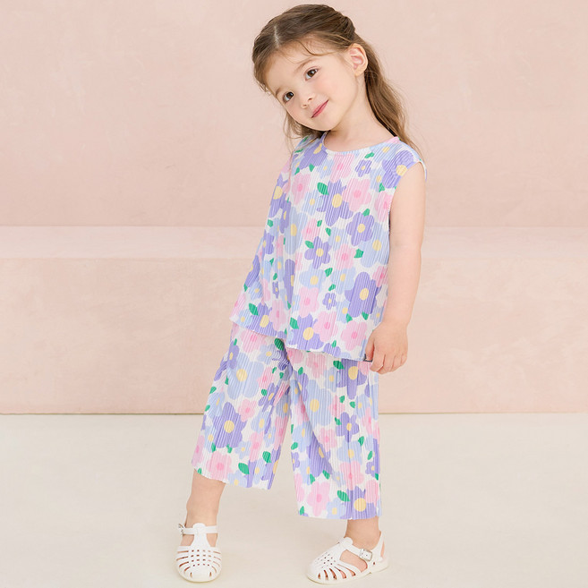 밀크마일 여아용 샤이닝 퍼플 플라워 냉감 주름 상하복 세트