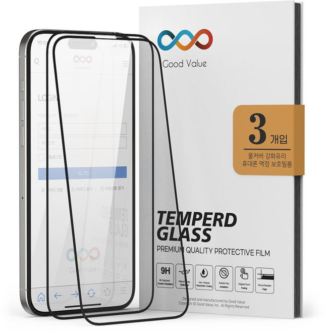 굿밸류 풀커버 강화유리 휴대폰 액정보호필름 3p 세트, 1세트