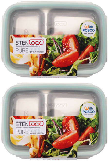 스텐락 퓨어 멀티 2구 밀폐용기 직사각 2호, 2개, 500ml