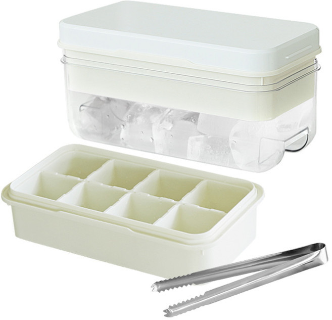 네이쳐리빙 실리콘 푸쉬 왕얼음 트레이 보관통 2단 + 집게 세트, 화이트, 1세트