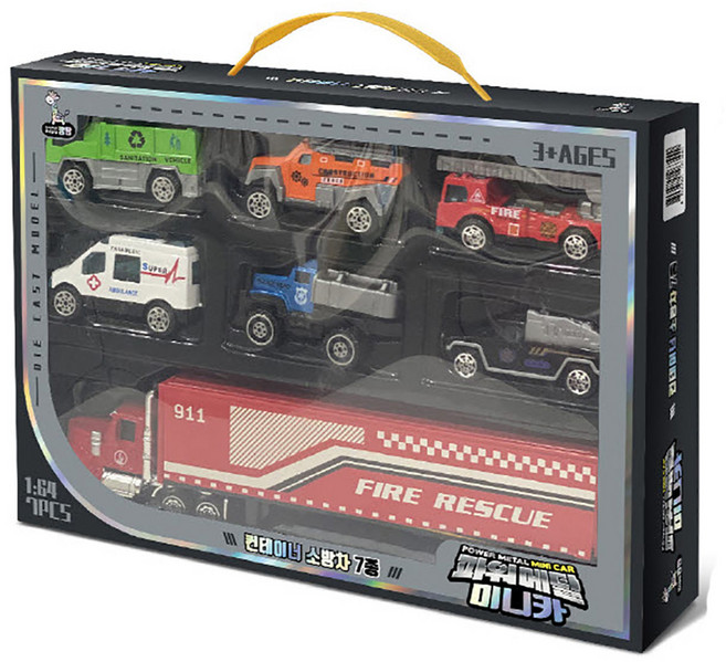 키즈팡팡 아동용 1 : 64 파워메탈 컨테이너 소방차 작동완구 시리즈 7종 세트, 혼합색상, 1개