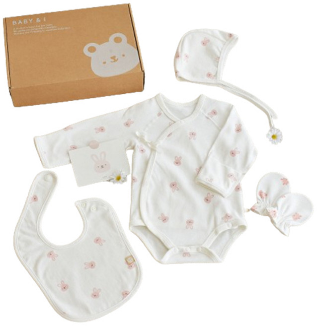 베이비앤아이 출산선물 사계절 배냇슈트 + 턱받이 + 모자 + 손싸개, 바니, 1세트