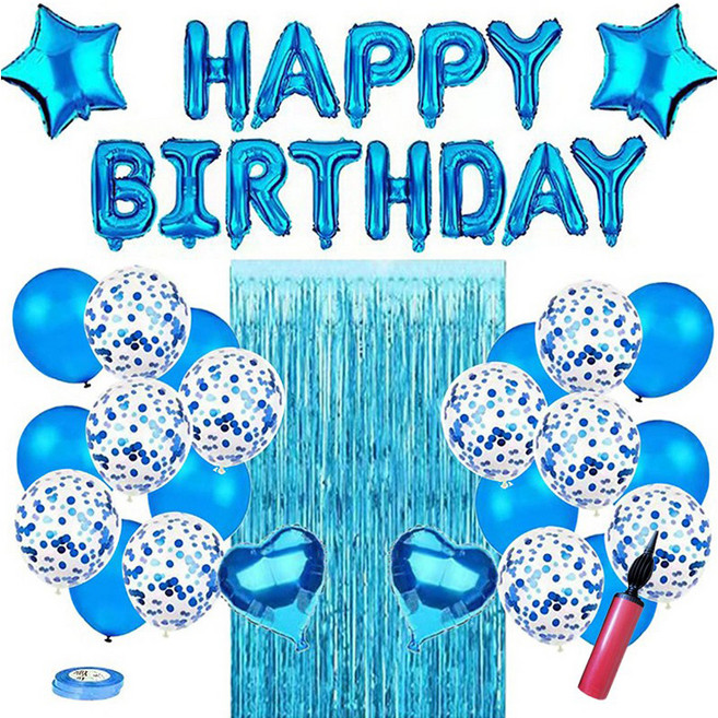 뷰라뷰 생일 파티 풍선 + 손펌프 + 풍선테이프 세트, 블루, 1세트