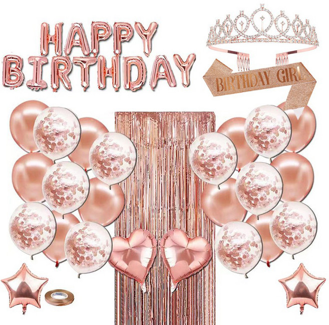 뷰라뷰 생일 파티 왕관 티아라 어깨띠 풍선 파티커튼 풀세트, 3_ 벌스데이걸 로즈골드세트, 1세트