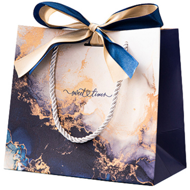 마켓감성 대리석 골드패턴 2색 리본 쇼핑백, 금빛블루, 10개