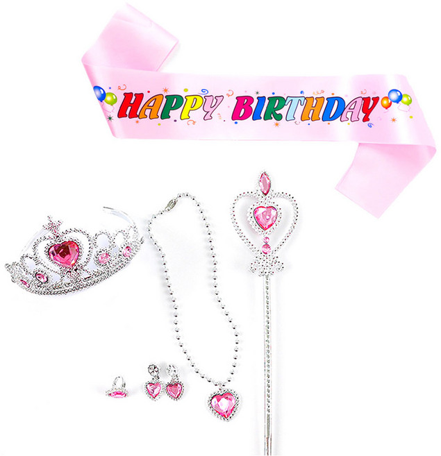 파티쇼 생일 파티 티아라 어깨띠 핑크공주 액세서리 6종 세트, 혼합색상, 1세트