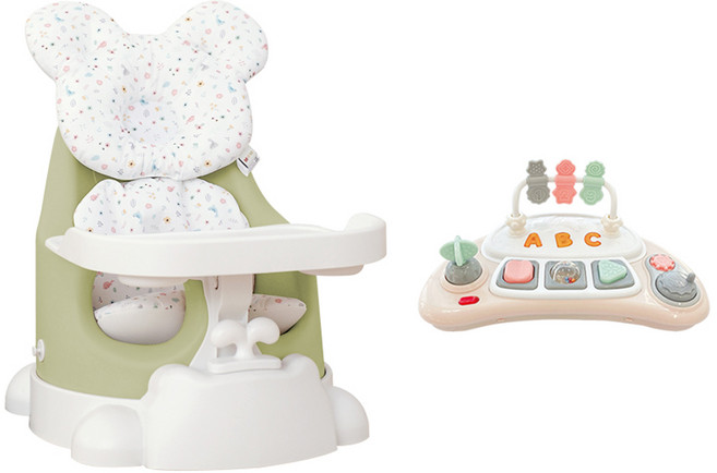 jellymom 嬰幼兒用 Muna 增高餐椅 + 推車 + 餐盤 + Jelly 2款 + 玩具組, 1個, 橄欖綠(椅子), 米色(玩具), Ggomi 花園(枕頭, 內墊)