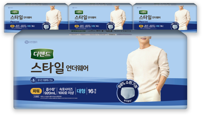 디펜드 남성용 스타일 언더웨어 성인기저귀 파워, 대형, 16개입, 4개