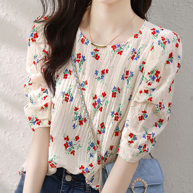 퀸이즈 여성용 체리 플라워 반팔 블라우스