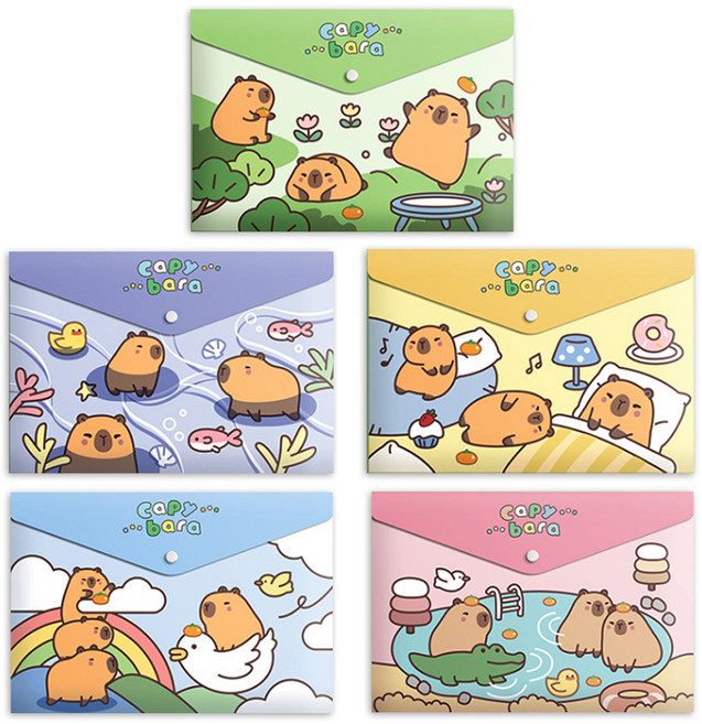 동아피엠에스 A4 똑딱이 캐릭터 자료 수납 봉투 파일 5종 세트, 카피바라, 1세트