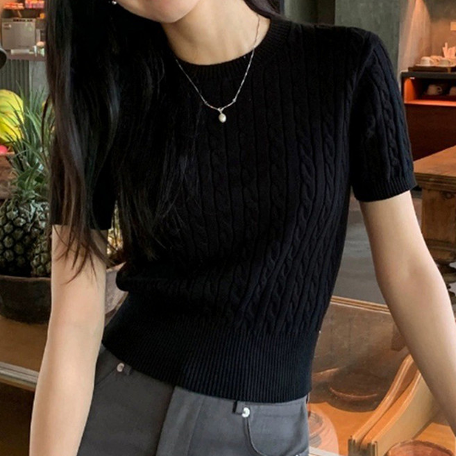 Elsso 女款麻花圓領短袖針織衫