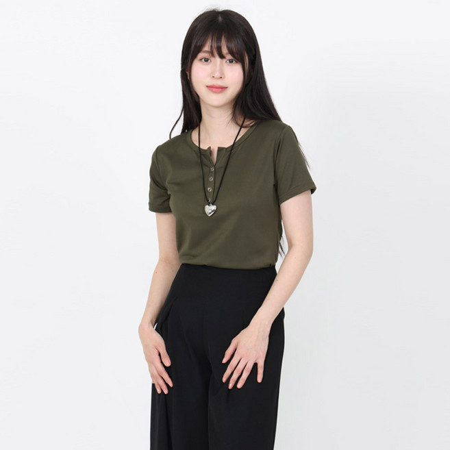 Elsso 女款V領亨利領夏季短袖T恤