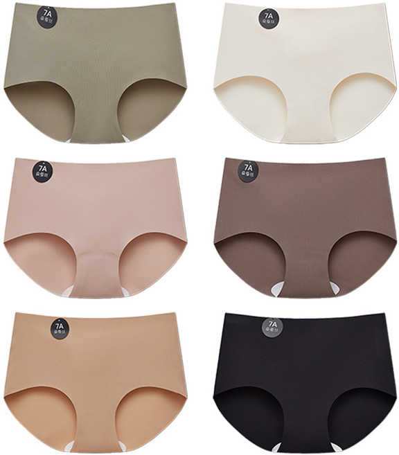女性無痕無縫素色星期內褲6件組, 卡其色, 象牙白, 膚色, 摩卡色, 米色, 黑色