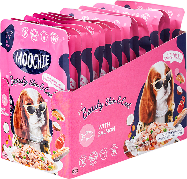 MOOCHIE 생후 2개월 이후 강아지 피모건강 습식사료, 연어, 85g, 12개