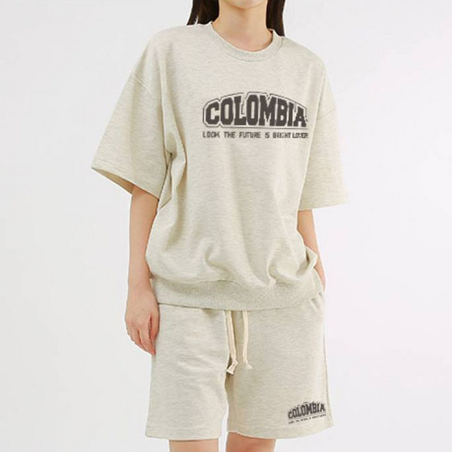 에어플레인 콜롬비아 오버핏 반팔 맨투맨 밴딩 반바지 상하 세트