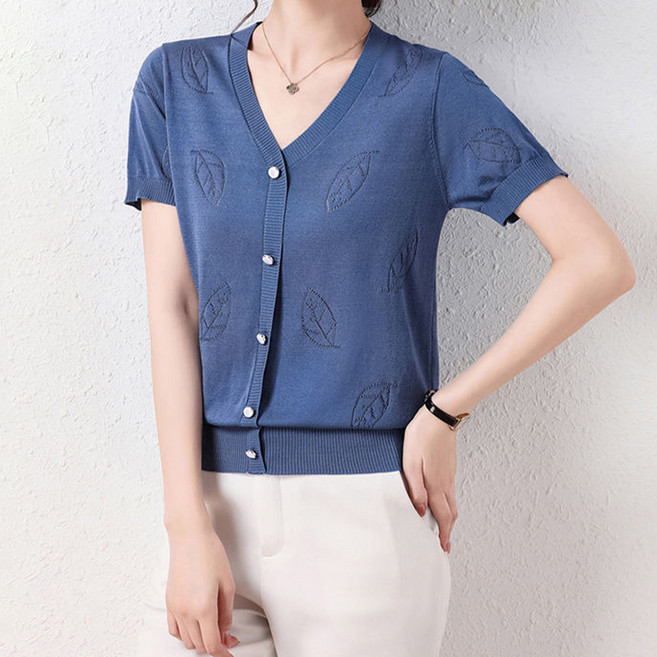아뗄릭 여성용 빅사이즈 브이넥 나뭇잎 시보리 반팔 가디건 14300