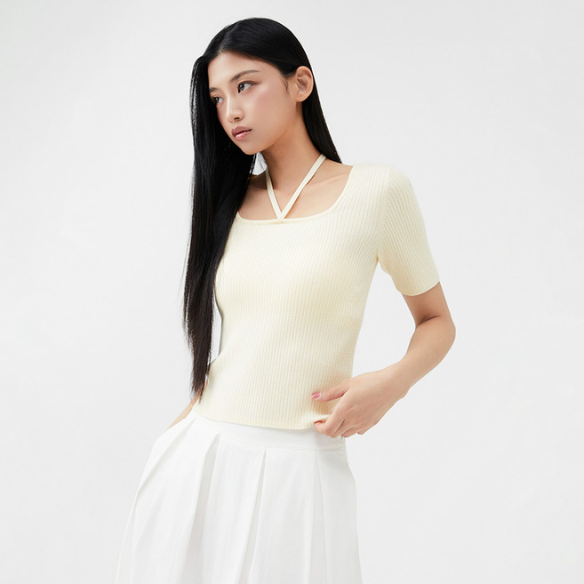 미쏘 여성용 스퀘어넥 스트랩 풀오버 니트