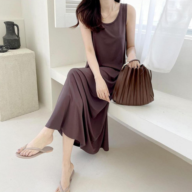 saystyle 女款垂墜感無袖寬鬆A字長版洋裝, 棕色