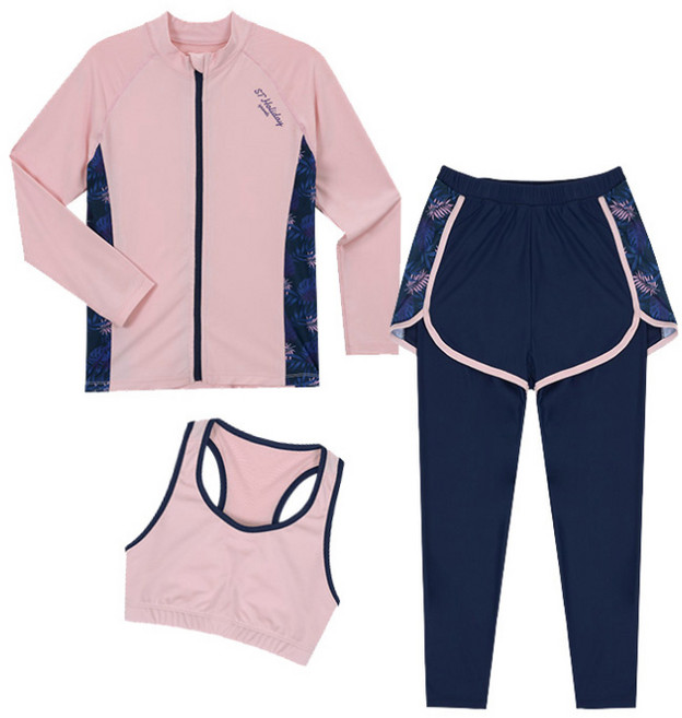 에스티홀리데이 주니어 아동용 여아용 집업 래쉬가드 상의 + 탑 + 이중 워터레깅스 세트