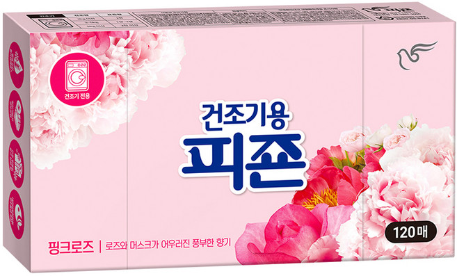 피죤 건조기용 오리지널 드라이시트 섬유유연제 핑크로즈 본품, 120개입, 1개